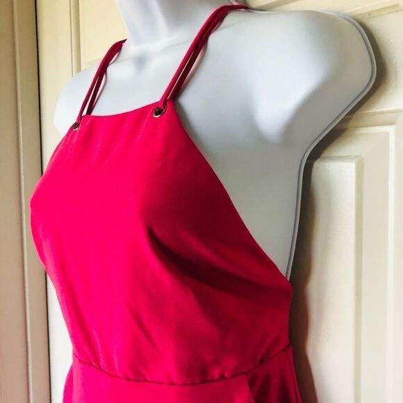 Bebe Hot Pink Spaghetti Strap Halter Cross Back Romper - Picture 5 of 16